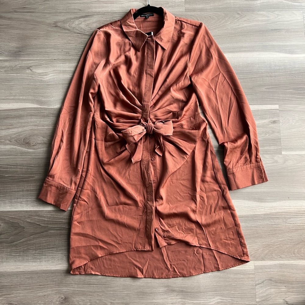 Tie front ruched satin shirt dress